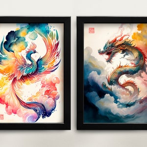 Printable set of two Chinese watercolor paintings of phoenix and dragon digital art downloadable art Asian art Chinese wall art painting