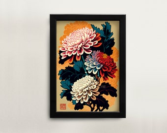 Printable Japanese painting Chrysanthemum wall art digital download Asian art Asian home décor for office digital art ukiyo-e style art