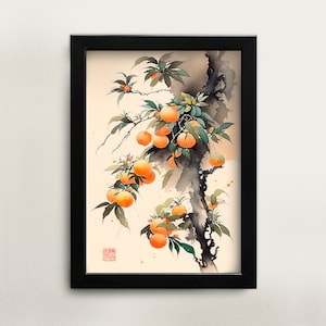 Printable Chinese watercolor painting tangerine wall art digital download Asian art Asian home décor for office Chinese painting digital art