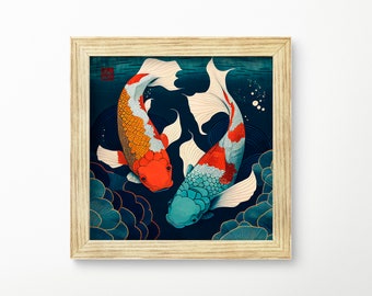 Peut inclure: Illustration encadrée de deux poissons koï nageant en cercle sur un fond bleu foncé avec des accents blancs et dorés. Les poissons sont rouges, orange, blancs et bleus.