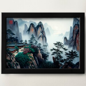 Printable Chinese watercolor painting mountain landscape wall art digital download Asian art Asian home décor for office Shan Shui style