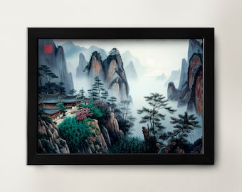 Pode incluir: Uma pintura emoldurada que retrata uma paisagem chinesa tradicional com montanhas nebulosas, um rio sinuoso e uma pequena aldeia aninhada nas encostas. A pintura é feita em tons de azul, verde e marrom.