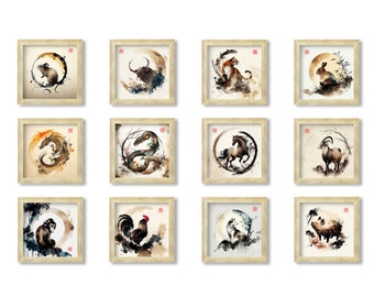 Druckbares Set von 12 chinesischen Sternzeichen Tieren traditionelle Aquarell Gemälde, digitaler Download, asiatische Kunst digitale Kunst chinesische Kunst Wohnkultur