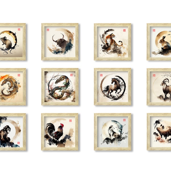 Printable set of 12 Chinese zodiac animals traditional watercolor paintings, digital download, Asian art digital art Chinese art home decor