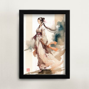 Printable Chinese watercolor painting beautiful woman wearing hanfu clothing wall art digital download Asian art Asian home décor for office