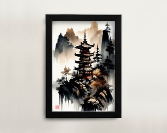 May include: A black framed print of a watercolor painting depicting a traditional Japanese pagoda nestled in a mountain landscape. The pagoda is painted in shades of red and brown, with a gray and white background. The mountains are painted in shades of gray and brown, with a white background.