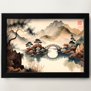 Printable traditional Chinese watercolor painting of bridge over lake landscape painting asian art digital download art Chinese painting