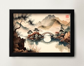 Printable traditional Chinese watercolor painting of bridge over lake landscape painting asian art digital download art Chinese painting