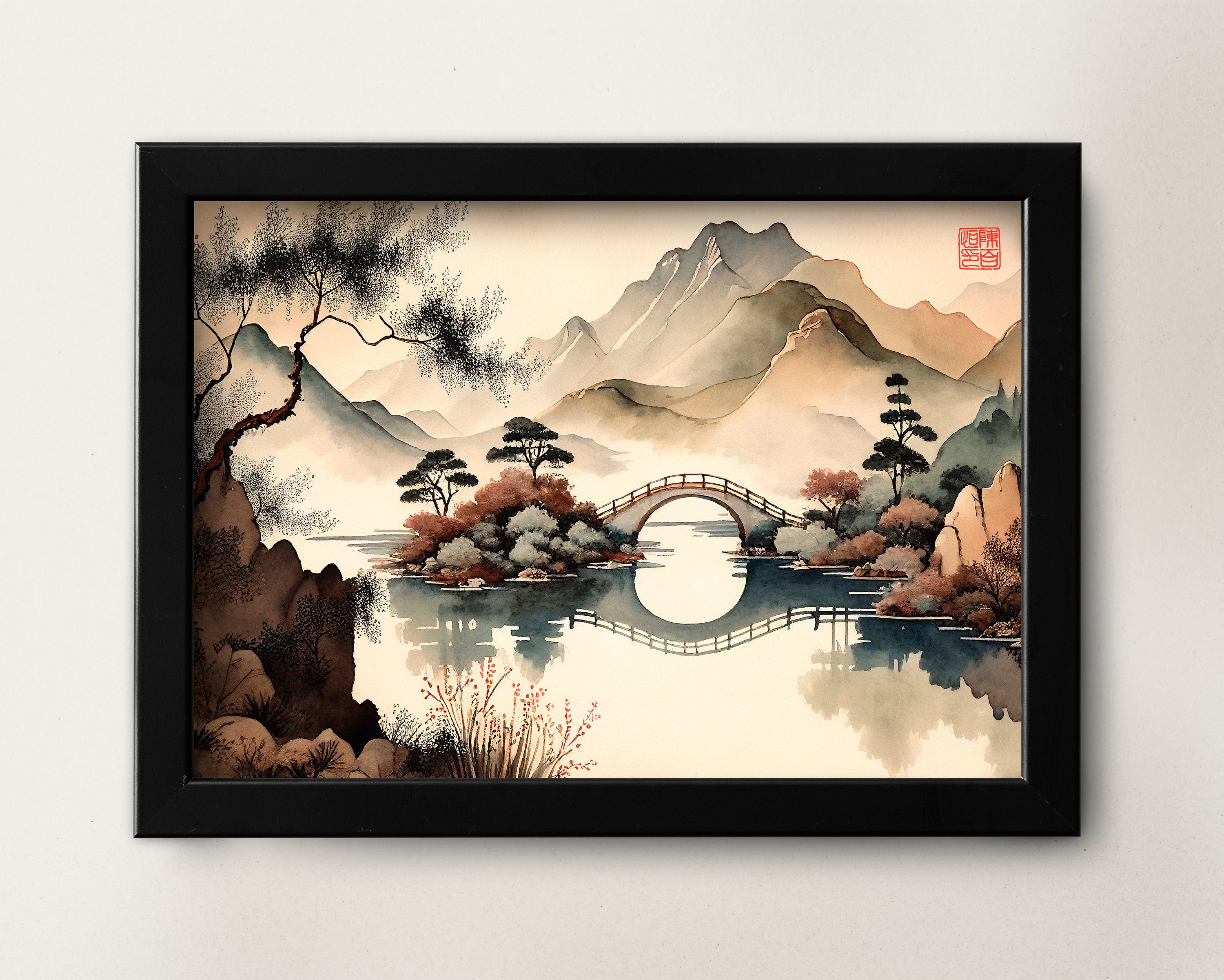 Printable Traditional Chinese Watercolor Painting of Bridge Over