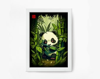 May include: A black and white panda bear cub is standing in a lush green bamboo forest. The panda is holding a piece of bamboo in its paws and looking at the viewer.