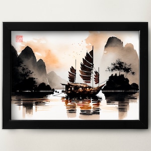 Printable Chinese watercolor painting Chinese junk boat wall art digital download Asian art Asian home décor for office Chinese painting