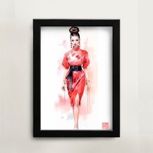 Printable Chinese watercolor painting lady wearing cheongsam qipao clothing wall art digital download Asian art Asian home décor for office