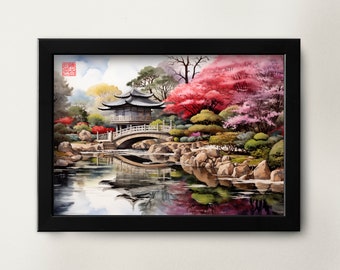 Printable Japanese garden painting wall art digital download Asian art Asian home décor for office Japanese watercolor painting digital art
