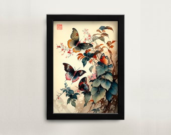 Afdrukbare Chinese aquarel schilderij vlinder muur kunst digitale download Aziatische kunst interieur voor kantoor Chinees schilderij digitaal