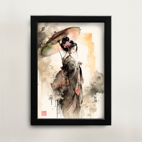 Printable Japanese watercolor painting Japanese woman wearing kimono holding parasol digital download Asian art Asian home décor for office