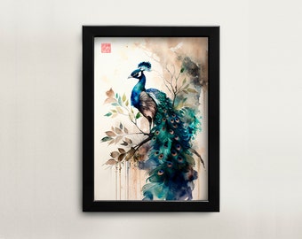 May include: Watercolour painting of a peacock with its tail feathers spread out. The peacock is perched on a branch with brown leaves. The background is a light brown with splashes of blue and green.