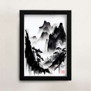 Printable Chinese watercolor painting mountain wall art digital download Asian art Asian home décor for office Chinese painting digital art