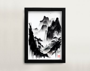 Pode incluir: Pintura a tinta preta e branca de uma paisagem montanhosa com uma atmosfera nebulosa e nebulosa. A pintura é emoldurada em uma moldura preta.