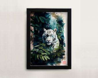 Puede incluir: Una pintura de acuarela de un tigre blanco con rayas azules, mirando desde un exuberante entorno de jungla verde. Los ojos del tigre son penetrantes y el fondo es un borrón de hojas verdes y follaje.