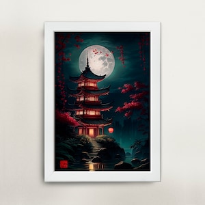 Printable Chinese watercolor painting pagoda wall art digital download Asian art Asian home décor for office Chinese painting digital art