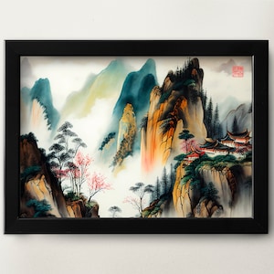 Printable Chinese watercolor painting mountain landscape wall art digital download Asian art Asian home décor for office Shan Shui style