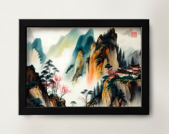 Pode incluir: Uma pintura em aquarela emoldurada que retrata uma paisagem chinesa tradicional com montanhas, árvores e uma aldeia ao longe. A pintura é feita em tons de azul, verde, amarelo e vermelho.