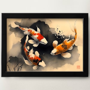 Printable Chinese watercolor painting koi fish goldfish wall art digital download Asian art home décor for office Chinese painting koi art