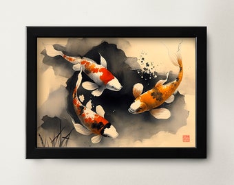 May include: A watercolor painting of three koi fish swimming in a pond. The fish are orange, white, and black with red accents. The background is a dark gray with white and black ink splatters.