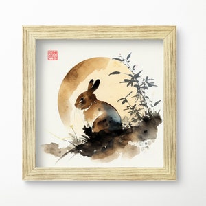 Printable Chinese watercolor painting of zodiac animal rabbit, year of the rabbit, digital download, Asian art for home decor for office