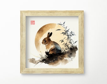 Printable Chinese watercolor painting of zodiac animal rabbit, year of the rabbit, digital download, Asian art for home decor for office