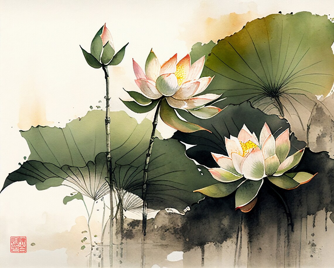 Printable Chinese Watercolor Painting Lily Pads Wall Art Digital ...