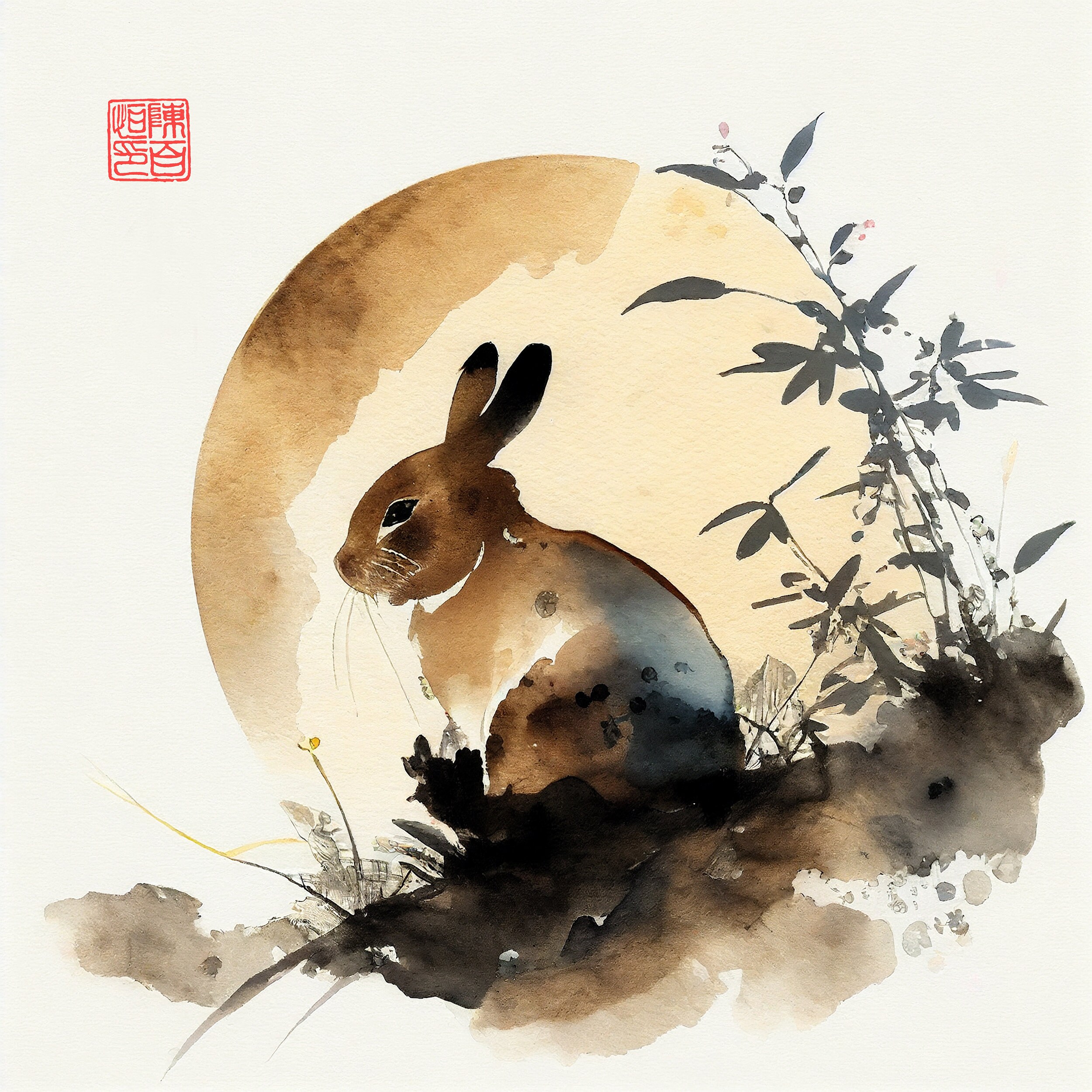 Printable Chinese Watercolor Painting of Zodiac Animal Rabbit, Year of ...