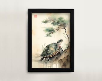 Druckbare chinesische Aquarellmalerei Schildkröte Wandkunst digitaler download Asiatische Kunst Feng Shui Wohnkultur für Büro chinesische Malerei digital