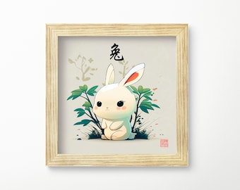 Printable Chinese watercolor painting of zodiac animal rabbit, year of the rabbit, digital download, Asian art for home decor for office