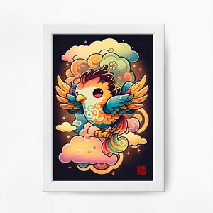 Afdrukbaar Chinees schilderij schattige cartoon Phoenix muur kunst digitale download Aziatische kunst home decor voor kantoor Chinese anime