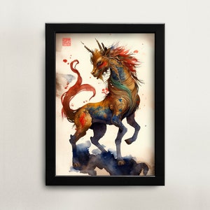 Printable watercolor painting Chinese Qilin Japanese Kirin wall art digital download Asian art Asian home décor for office Chinese painting