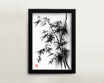 May include: Black and white ink painting of bamboo branches in a black frame. The painting has a traditional Japanese style.