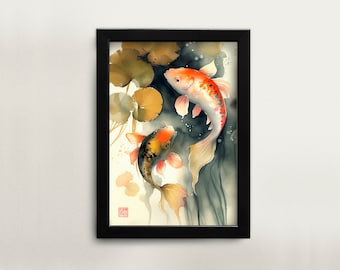 May include: Watercolor painting of two koi fish swimming in a pond. The fish are orange, white, and black. The background is a dark blue with light brown water lilies.