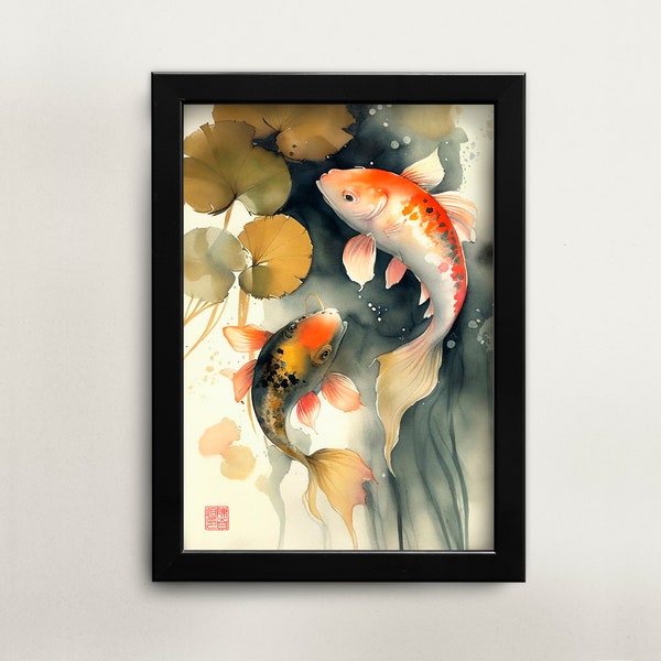 Printable Chinese watercolor painting koi fish goldfish wall art digital download Asian art home décor for office Chinese painting koi art