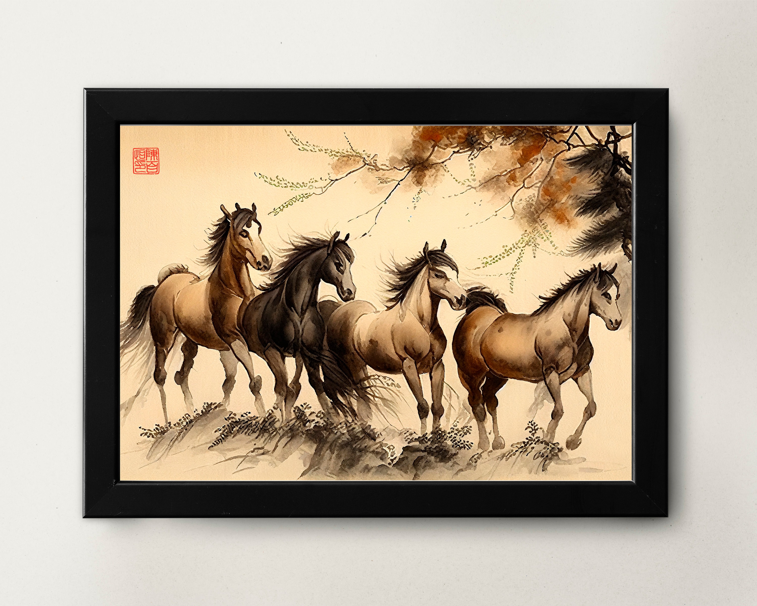 Druckbare chinesische Aquarellmalerei Pferde Wandkunst digitaler Download asiatische Kunst asiatisches Wohndekor für Büro chinesische Malerei digitale Kunst