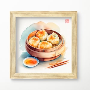 Printable Chinese watercolor painting dim sum dumplings digital download Asian art Asian home décor for office Chinese art dumpling art