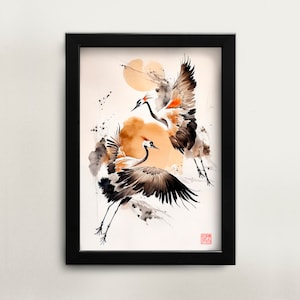 Printable Chinese watercolor painting flying cranes wall art digital download Asian art home décor for office Chinese painting digital art