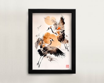Druckbare chinesische Aquarellmalerei fliegende Kraniche Wandkunst digitaler Download asiatische Kunst Wohnkultur für Büro chinesische Malerei digitale Kunst