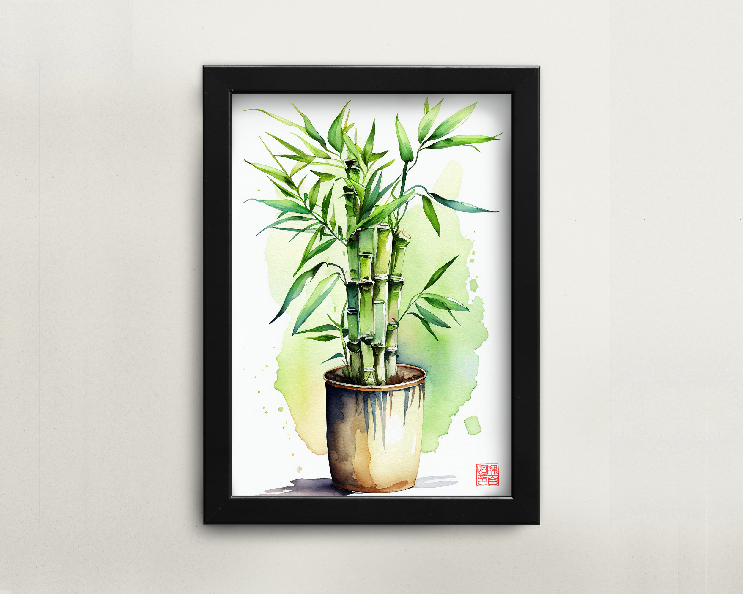 Printable Chinese watercolor painting lucky bamboo plant wall art digital download Asian art Asian home décor for office Chinese painting