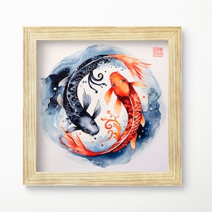 Printable Chinese watercolor painting Koi fish forming Yin Yang wall art downloadable Asian home décor for office Chinese painting Feng Shui