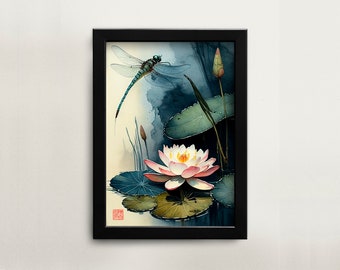Druckbare chinesische Aquarellmalerei Libelle Wandkunst digitaler Download asiatische Kunst Wohnkultur für Büro chinesische Malerei digitale japanische