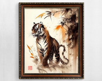 Druckbare chinesische Aquarellmalerei Tiger Wandkunst digitaler Download asiatische Kunst asiatisches Wohndekor für Büro chinesische Malerei digitale Kunst
