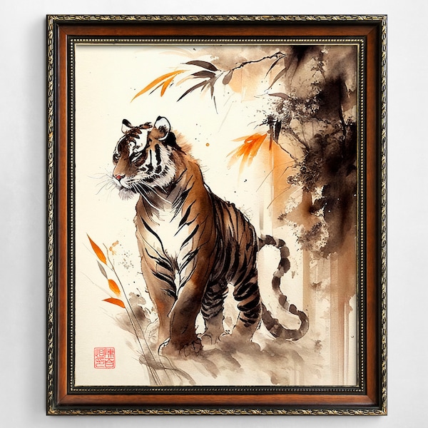 Printable Chinese watercolor painting tiger wall art digital download Asian art Asian home décor for office Chinese painting digital art