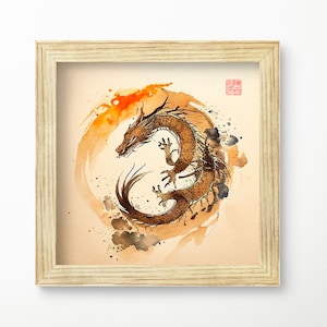 Printable Chinese watercolor painting of zodiac animal dragon, year of the dragon, digital download, Asian art for home decor for office