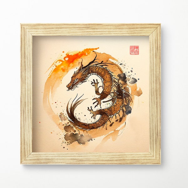 Printable Chinese watercolor painting of zodiac animal dragon, year of the dragon, digital download, Asian art for home decor for office